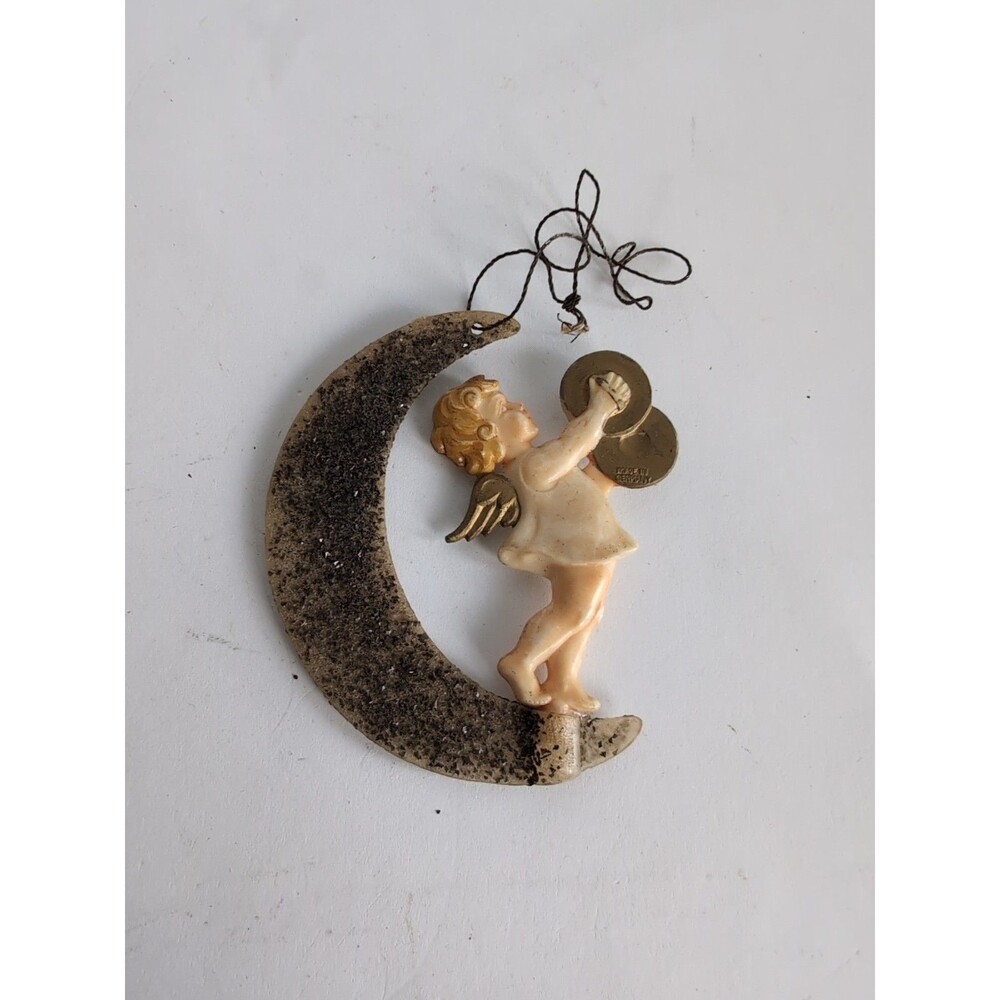 Vintage Celluloid Plastic ANGEL Christmas Ornament Glitter Moon Germany